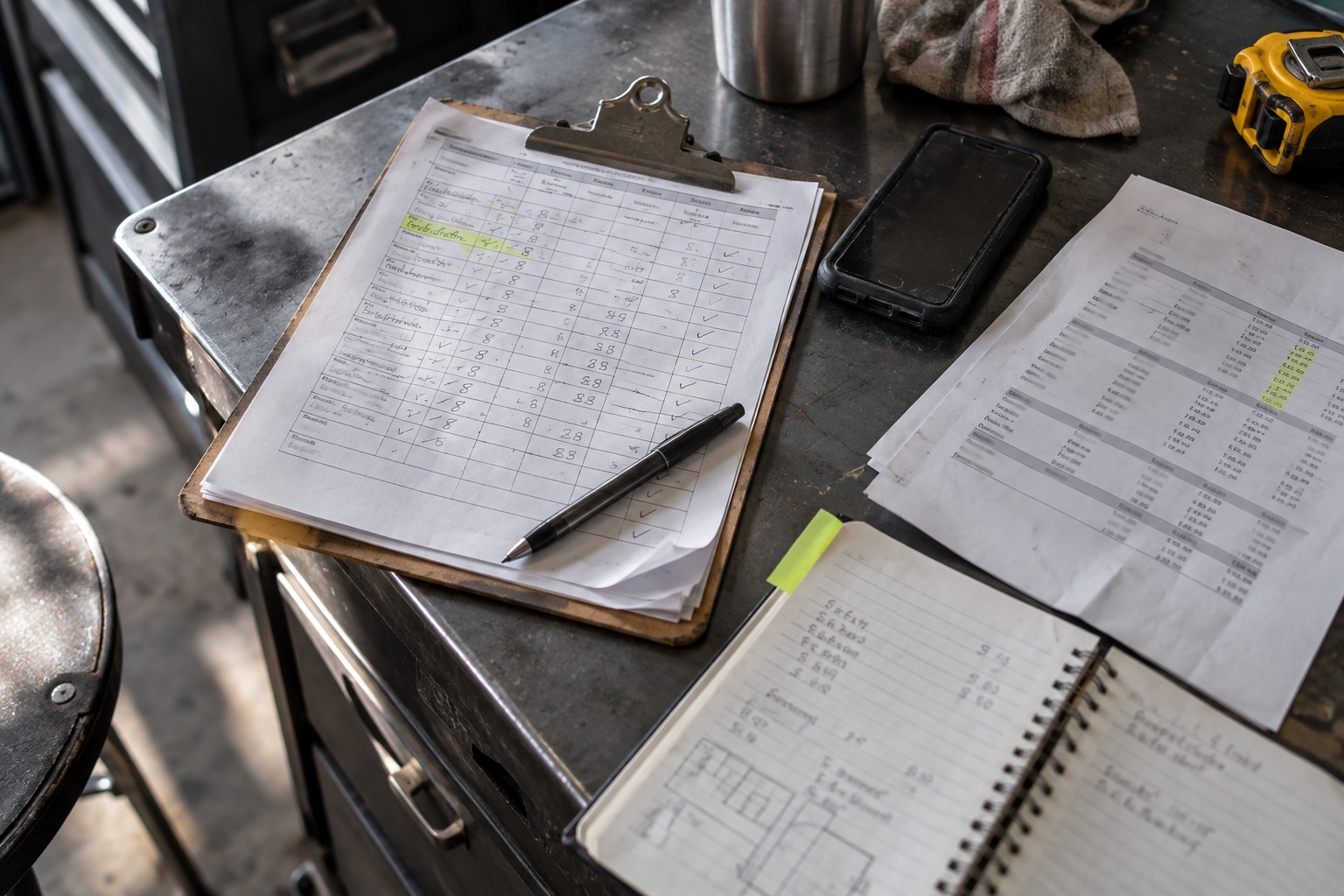Marked-up timesheets and payroll paperwork on a trade shop workbench